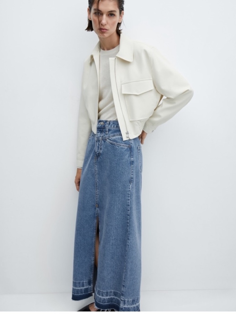 High-Waist Long Denim Skirt with Front Slit